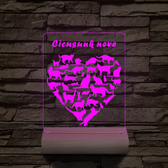 Cica szív személyre szabott 20 cm fa talppal 7 színű 3D led lámpa