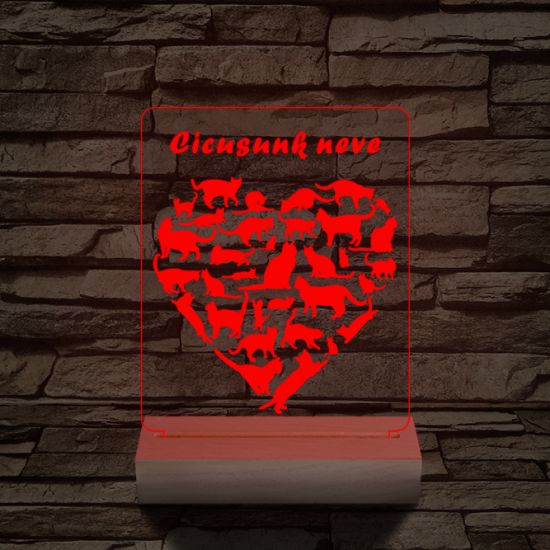 Cica szív személyre szabott 20 cm fa talppal 7 színű 3D led lámpa