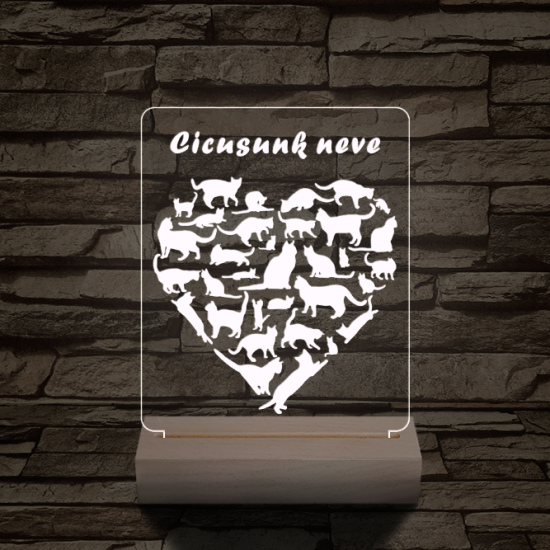 Cica szív személyre szabott 20 cm fa talppal 7 színű 3D led lámpa