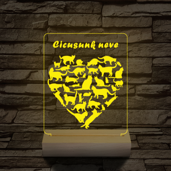 Cica szív személyre szabott 20 cm fa talppal 7 színű 3D led lámpa