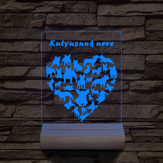 Francia bulldog szív személyre szabott 20 cm fa talppal 7 színű 3D led lámpa