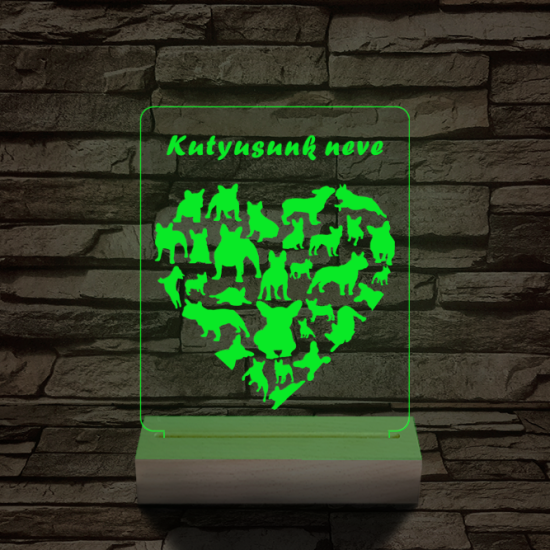 Francia bulldog szív személyre szabott 20 cm fa talppal 7 színű 3D led lámpa