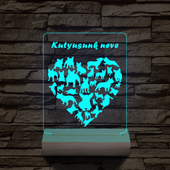 Francia bulldog szív személyre szabott 20 cm fa talppal 7 színű 3D led lámpa