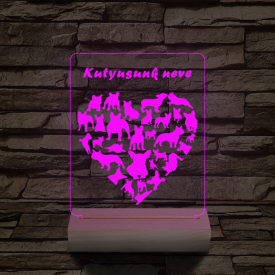 Francia bulldog szív személyre szabott 20 cm fa talppal 7 színű 3D led lámpa