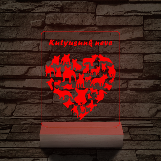 Francia bulldog szív személyre szabott 20 cm fa talppal 7 színű 3D led lámpa