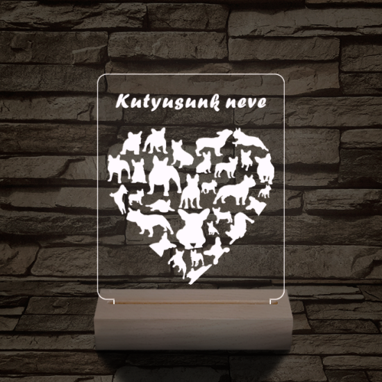 Francia bulldog szív személyre szabott 20 cm fa talppal 7 színű 3D led lámpa