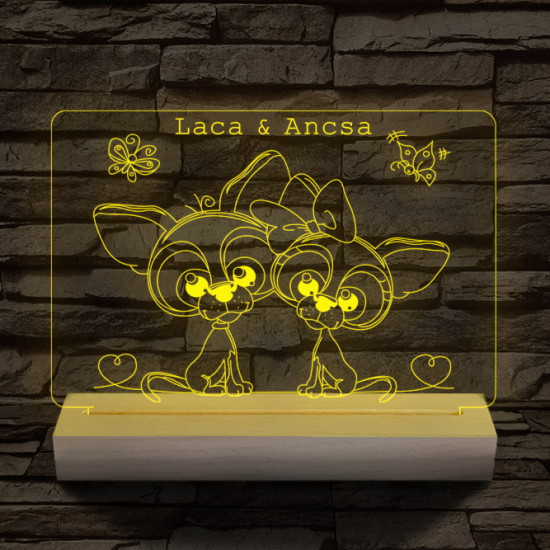 Kutyus szerelem személyre szabott 20 cm fa talppal 7 színű 3D led lámpa