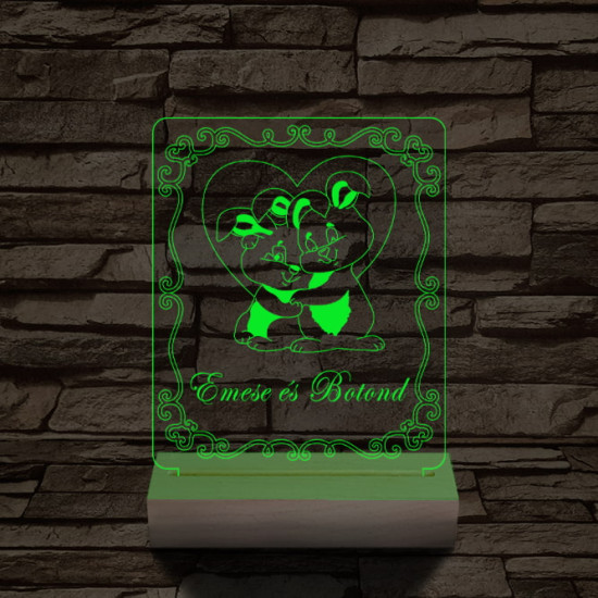 Nyuszi szerelem személyre szabott 20 cm fa talppal 7 színű 3D led lámpa