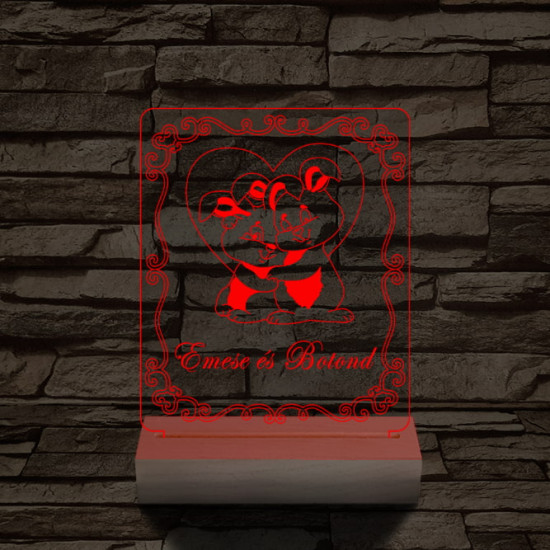 Nyuszi szerelem személyre szabott 20 cm fa talppal 7 színű 3D led lámpa