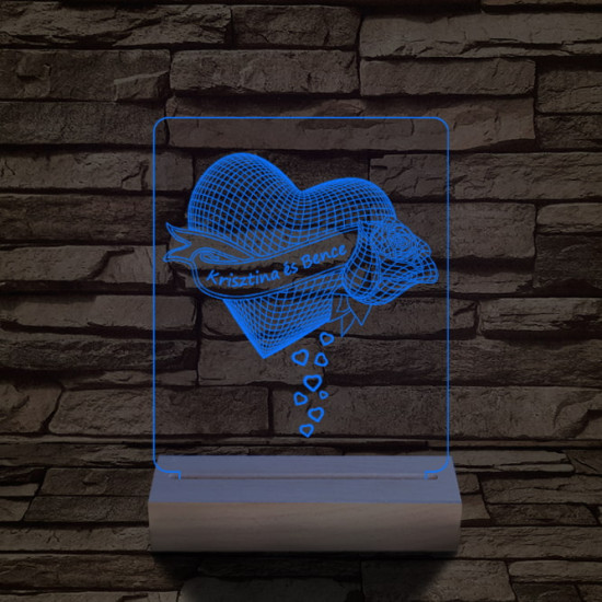 Szív rózsa személyre szabott 20 cm fa talppal 7 színű 3D led lámpa