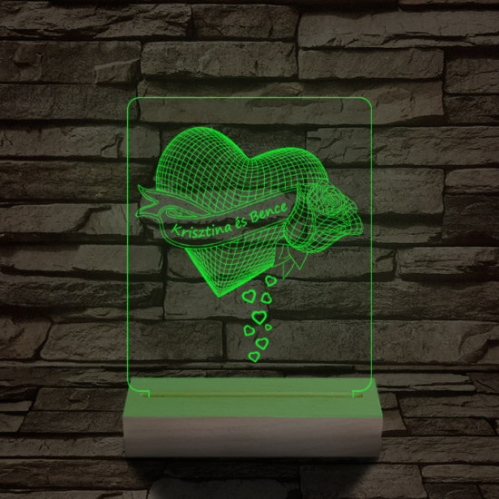 Szív rózsa személyre szabott 20 cm fa talppal 7 színű 3D led lámpa