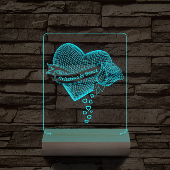 Szív rózsa személyre szabott 20 cm fa talppal 7 színű 3D led lámpa