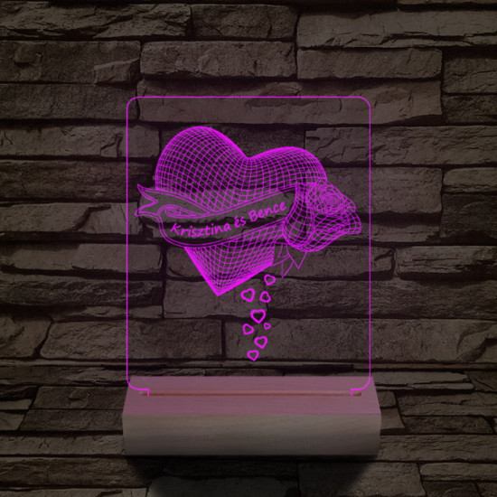 Szív rózsa személyre szabott 20 cm fa talppal 7 színű 3D led lámpa