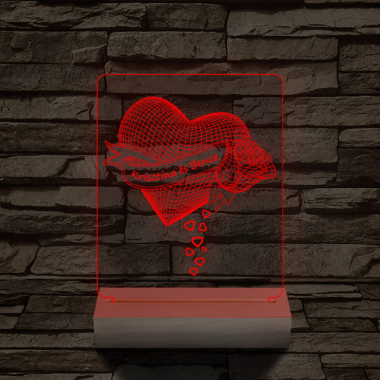 Szív rózsa személyre szabott 20 cm fa talppal 7 színű 3D led lámpa