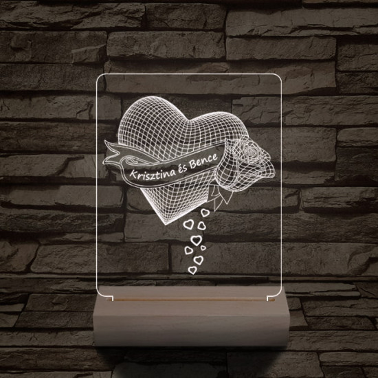 Szív rózsa személyre szabott 20 cm fa talppal 7 színű 3D led lámpa