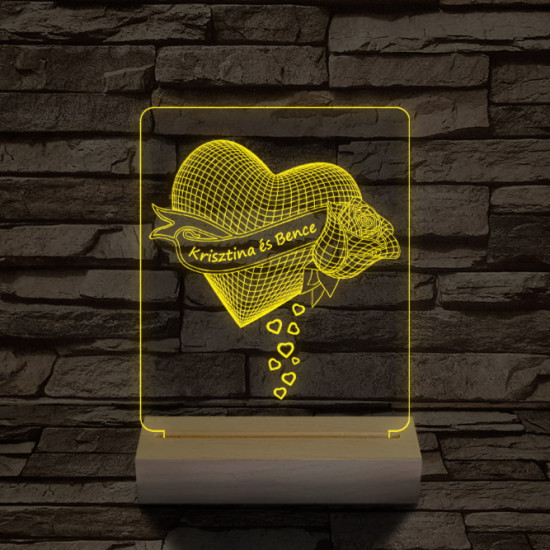 Szív rózsa személyre szabott 20 cm fa talppal 7 színű 3D led lámpa