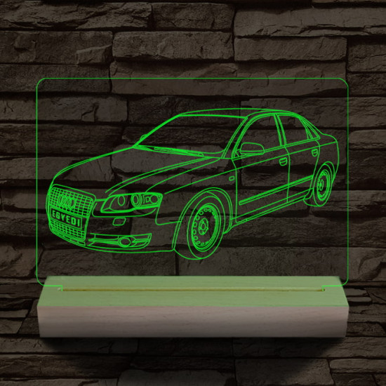Audi A5 egyedi rendszámmal személyre szabott 20 cm fa talppal 7 színű 3D led lámpa