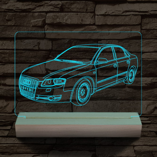 Audi A5 egyedi rendszámmal személyre szabott 20 cm fa talppal 7 színű 3D led lámpa