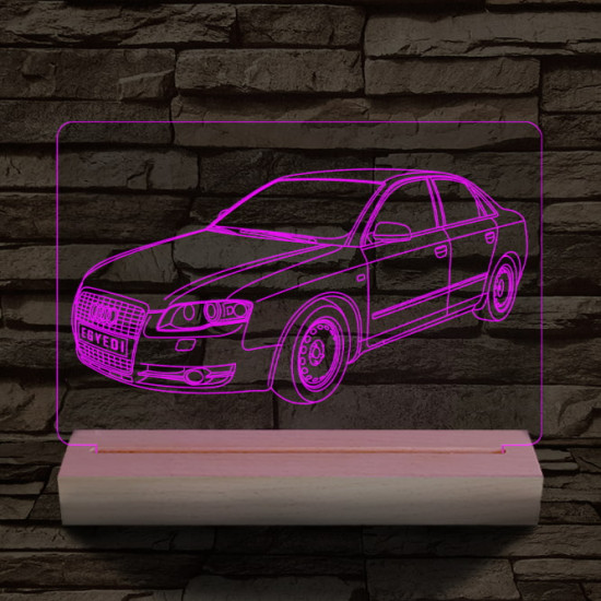Audi A5 egyedi rendszámmal személyre szabott 20 cm fa talppal 7 színű 3D led lámpa