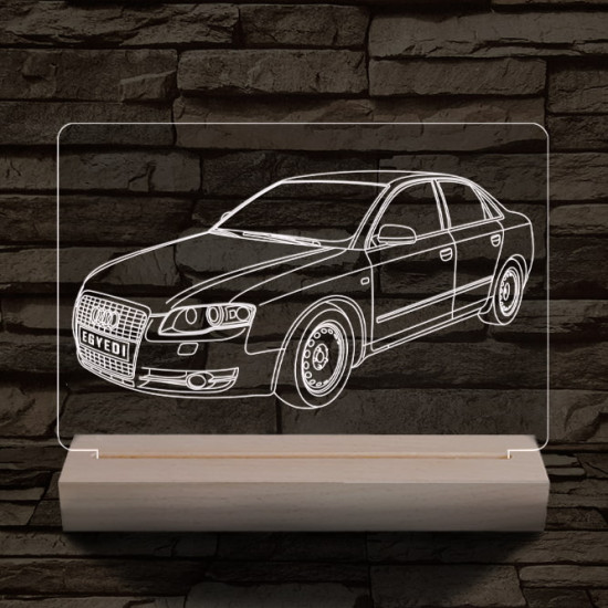 Audi A5 egyedi rendszámmal személyre szabott 20 cm fa talppal 7 színű 3D led lámpa