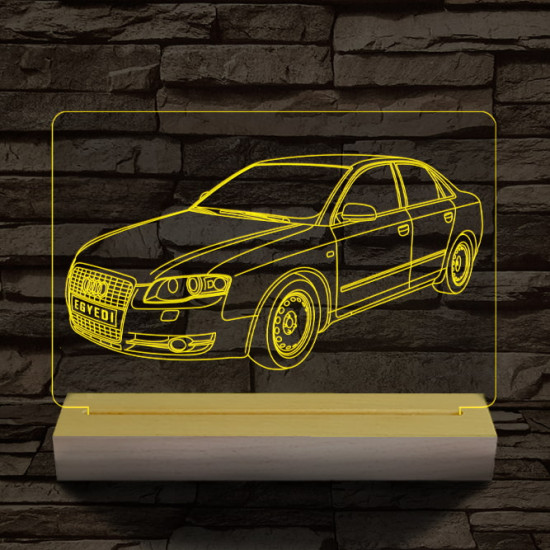 Audi A5 egyedi rendszámmal személyre szabott 20 cm fa talppal 7 színű 3D led lámpa