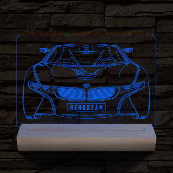 BMW I8 egyedi rendszámmal személyre szabott 20 cm fa talppal 7 színű 3D led lámpa