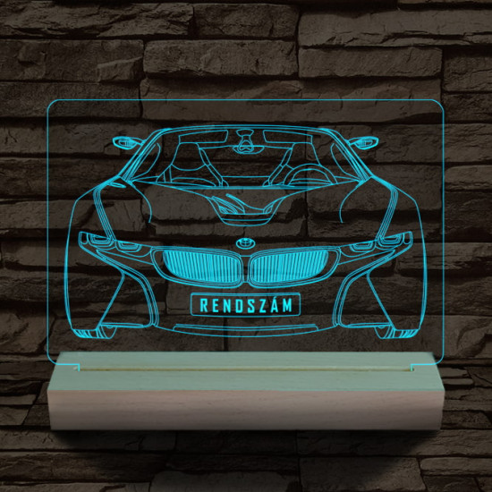 BMW I8 egyedi rendszámmal személyre szabott 20 cm fa talppal 7 színű 3D led lámpa