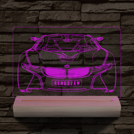 BMW I8 egyedi rendszámmal személyre szabott 20 cm fa talppal 7 színű 3D led lámpa