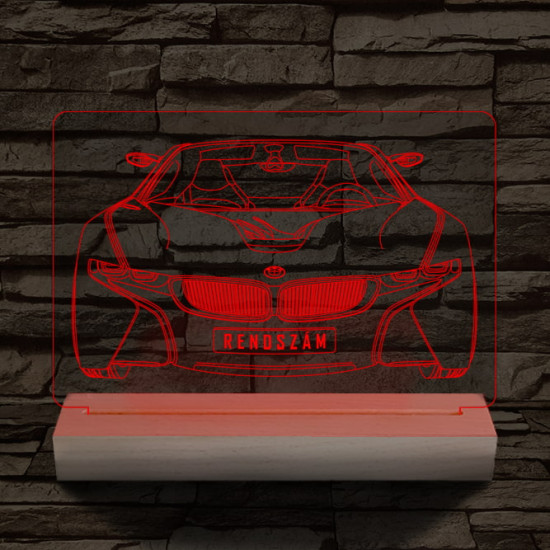 BMW I8 egyedi rendszámmal személyre szabott 20 cm fa talppal 7 színű 3D led lámpa