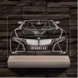 BMW I8 egyedi rendszámmal személyre szabott 20 cm fa talppal 7 színű 3D led lámpa