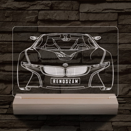 BMW I8 egyedi rendszámmal személyre szabott 20 cm fa talppal 7 színű 3D led lámpa