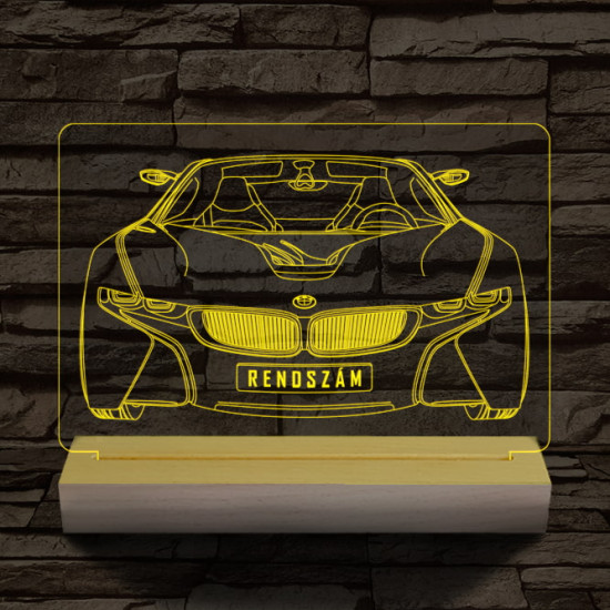 BMW I8 egyedi rendszámmal személyre szabott 20 cm fa talppal 7 színű 3D led lámpa