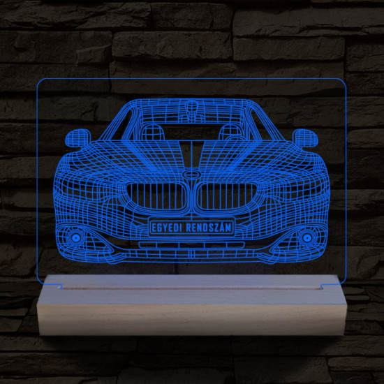BMW autó egyedi rendszámmal személyre szabott 20 cm fa talppal 7 színű 3D led lámpa