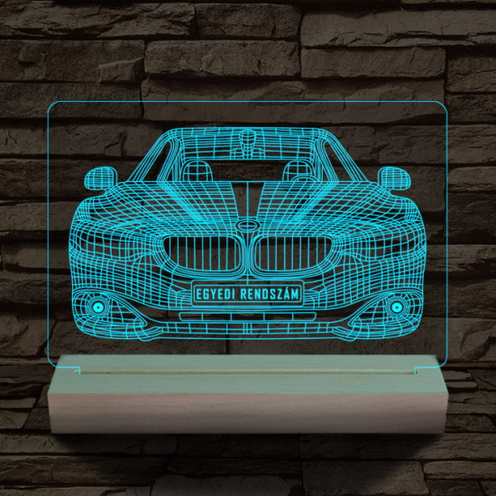 BMW autó egyedi rendszámmal személyre szabott 20 cm fa talppal 7 színű 3D led lámpa