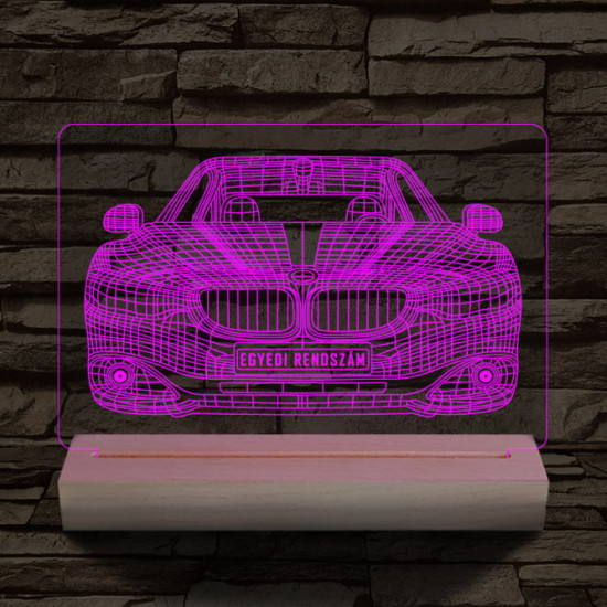 BMW autó egyedi rendszámmal személyre szabott 20 cm fa talppal 7 színű 3D led lámpa