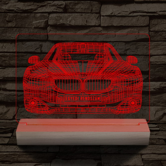 BMW autó egyedi rendszámmal személyre szabott 20 cm fa talppal 7 színű 3D led lámpa