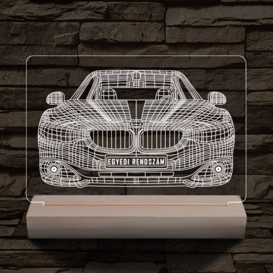 BMW autó egyedi rendszámmal személyre szabott 20 cm fa talppal 7 színű 3D led lámpa