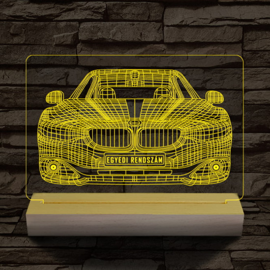 BMW autó egyedi rendszámmal személyre szabott 20 cm fa talppal 7 színű 3D led lámpa