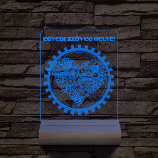 Szív fogaskerék személyre szabott 20 cm fa talppal 7 színű 3D led lámpa