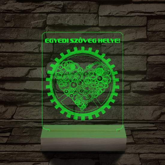 Szív fogaskerék személyre szabott 20 cm fa talppal 7 színű 3D led lámpa