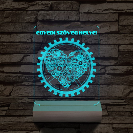 Szív fogaskerék személyre szabott 20 cm fa talppal 7 színű 3D led lámpa
