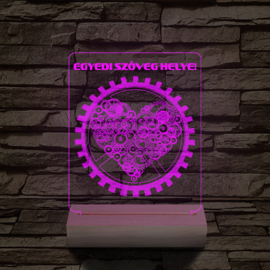 Szív fogaskerék személyre szabott 20 cm fa talppal 7 színű 3D led lámpa