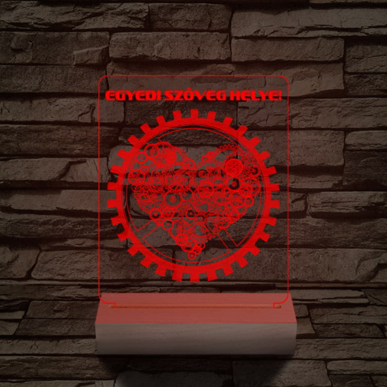 Szív fogaskerék személyre szabott 20 cm fa talppal 7 színű 3D led lámpa