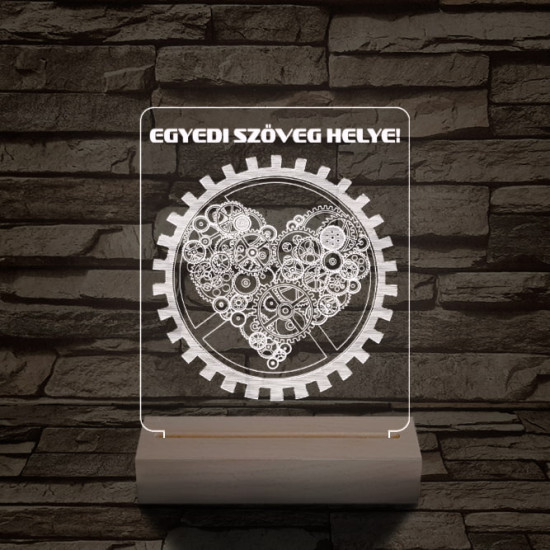Szív fogaskerék személyre szabott 20 cm fa talppal 7 színű 3D led lámpa
