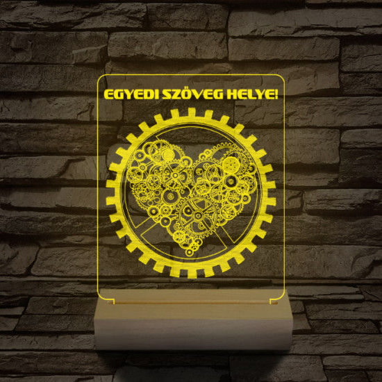 Szív fogaskerék személyre szabott 20 cm fa talppal 7 színű 3D led lámpa