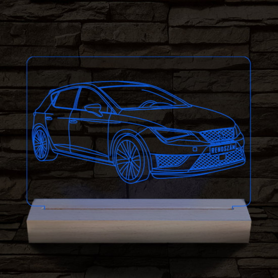 Seat Leon egyedi rendszámmal személyre szabott 20 cm fa talppal 7 színű 3D led lámpa