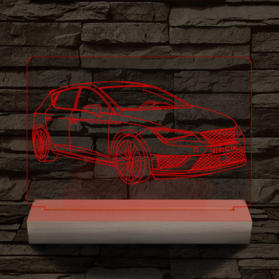 Seat Leon egyedi rendszámmal személyre szabott 20 cm fa talppal 7 színű 3D led lámpa