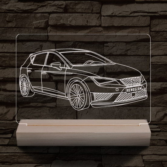 Seat Leon egyedi rendszámmal személyre szabott 20 cm fa talppal 7 színű 3D led lámpa