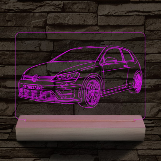 Volkswagen Golf egyedi rendszámmal személyre szabott 20 cm fa talppal 7 színű 3D led lámpa
