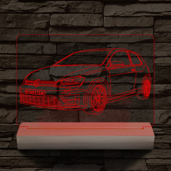 Volkswagen Golf egyedi rendszámmal személyre szabott 20 cm fa talppal 7 színű 3D led lámpa